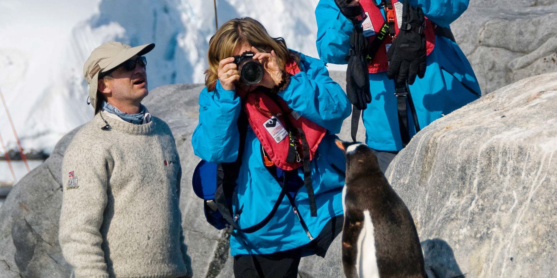 Tre personer nærmer seg pingviner og ta bilder